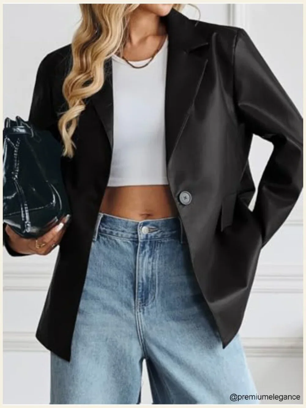 Womens Faux Leather Blazer Jacket Oversized Button Down Notched Lapel Fall